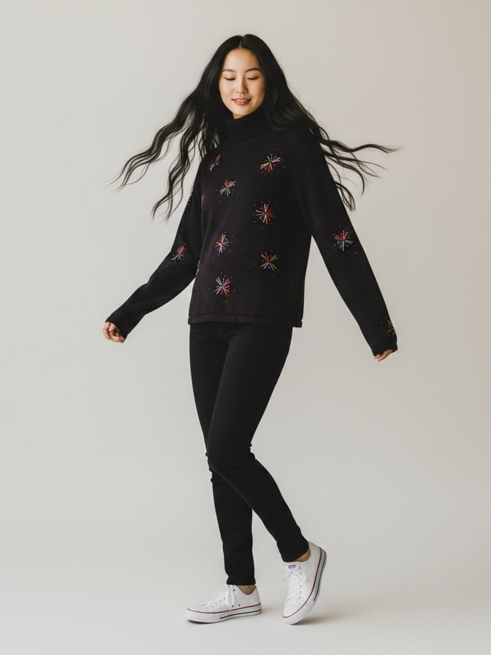 Talbots Petite Vintage Fireworks Embroidered Beaded Turtleneck Black Pink Sz M
